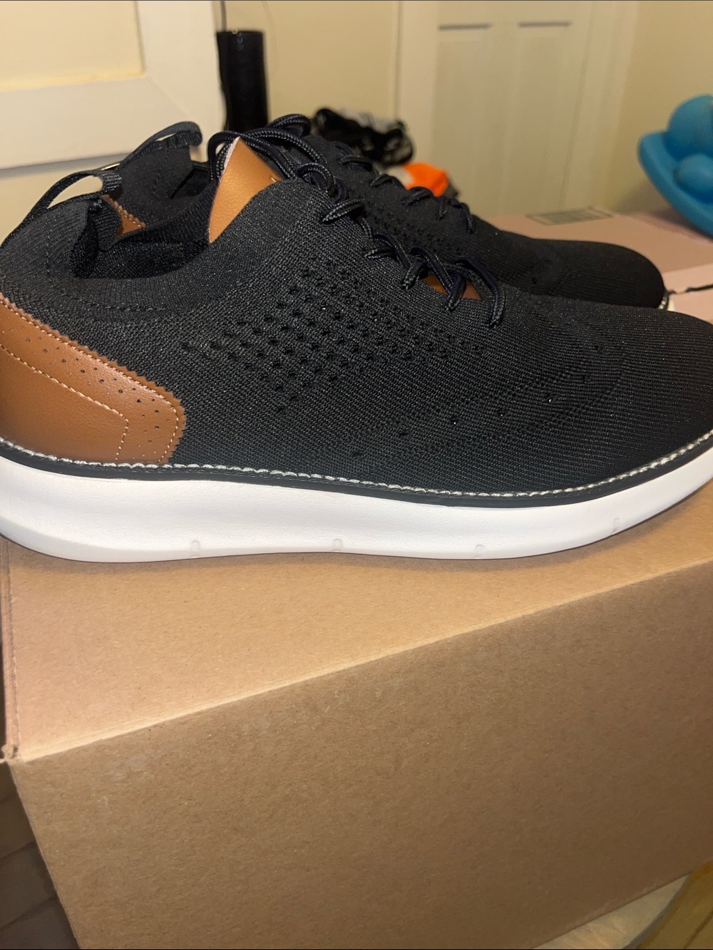 Men's Black Knit Sneakers with Brown Trim and White Sole